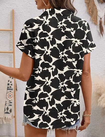 Collared V-Neck Short Sleeve Blouse