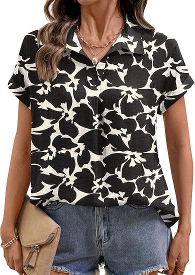Collared V-Neck Short Sleeve Blouse